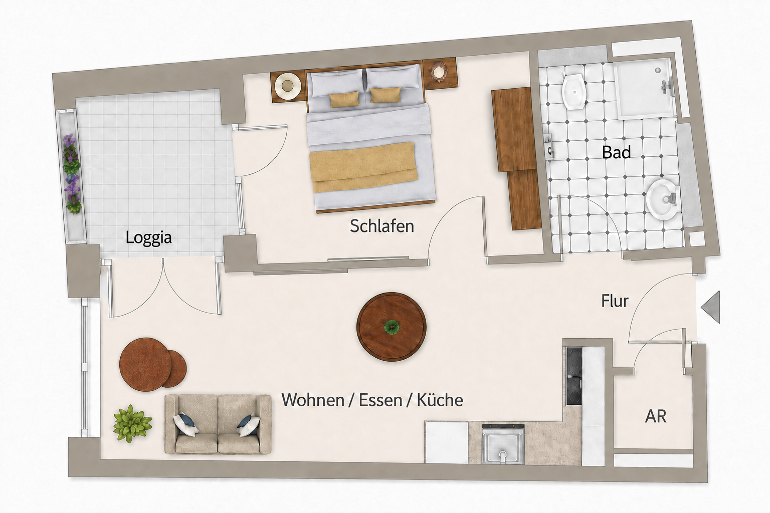 Grundriss des TraveNest Apartment 3.10 mit Loggia, Schlafbereich, Wohn- und Essbereich, Küche, Bad, Flur und Abstellraum