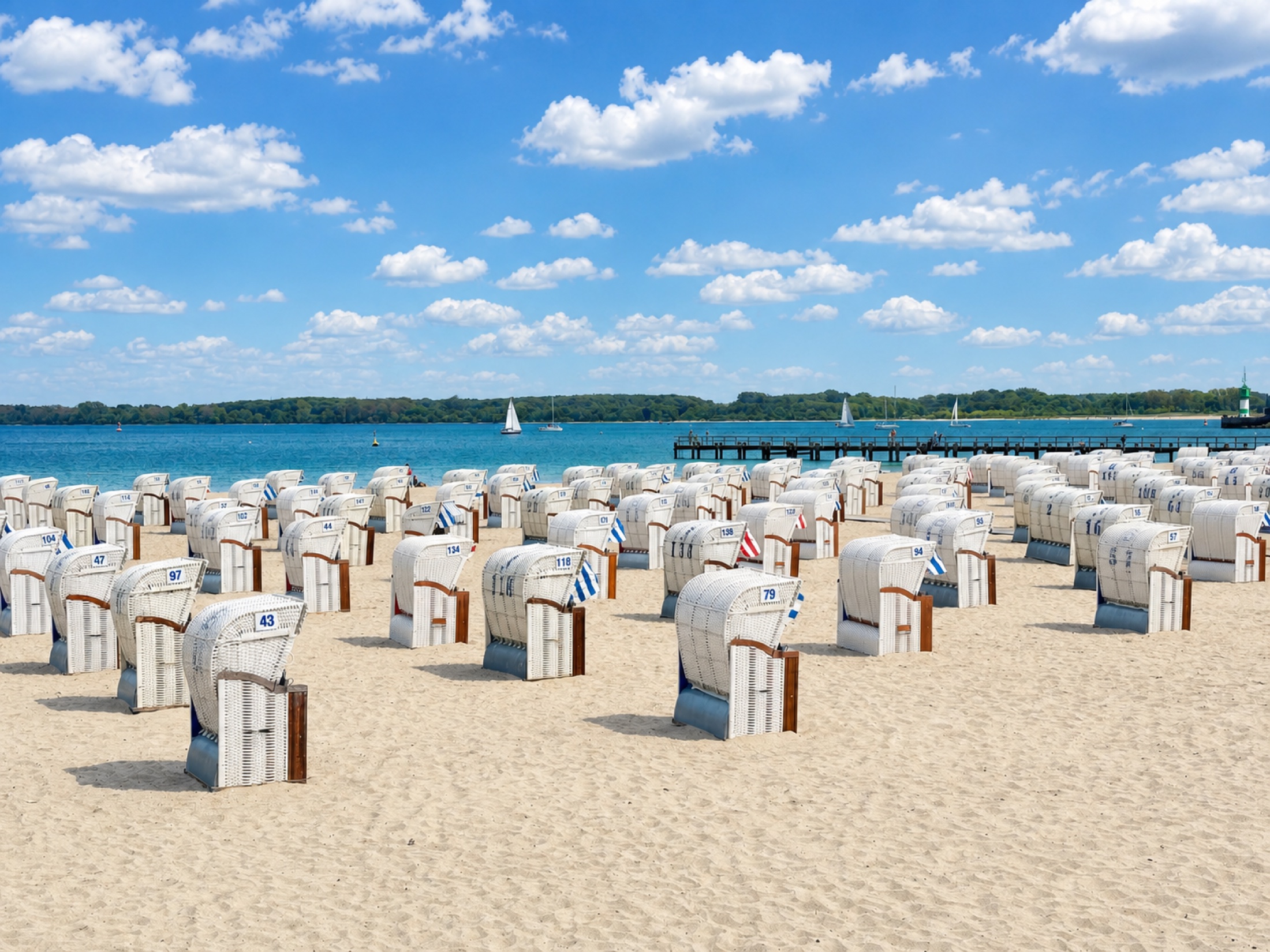 Travemünder Ostseestrand mit Strandkörben, Segelbooten und sommerlichem Himmel